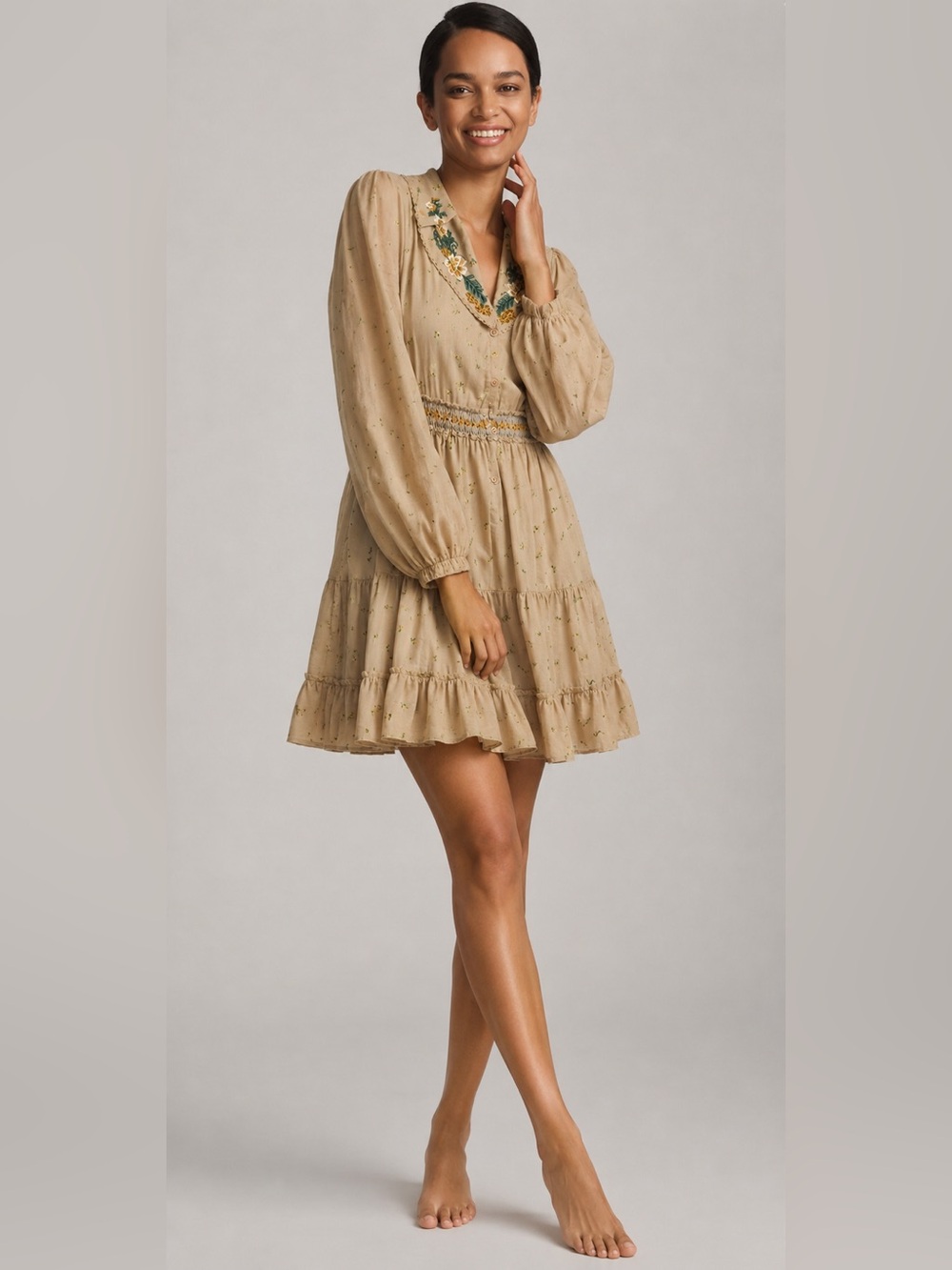 Zara Beige Floral Embroidered Smocked-Waist Dress